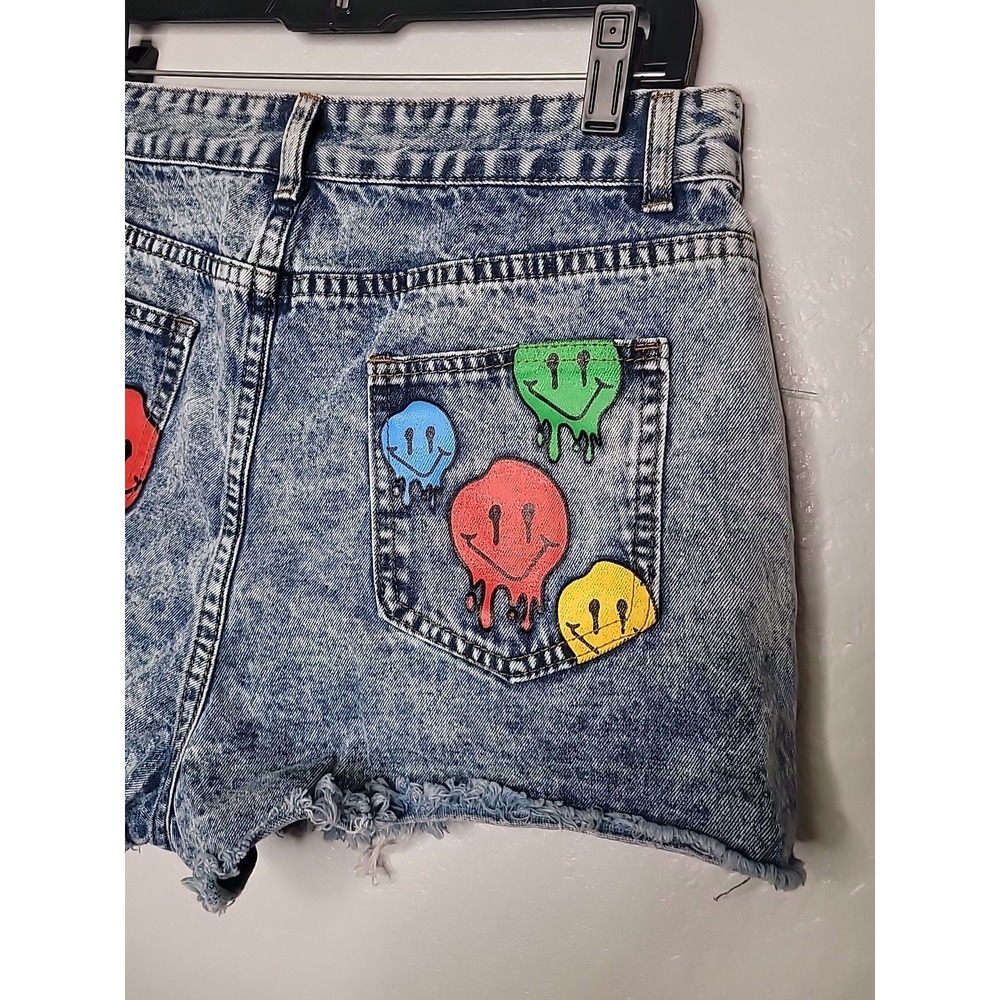 Smiley Face Denim Shorts Womens L Distressed Cut Off Festival Summer - Picture 3 of 13